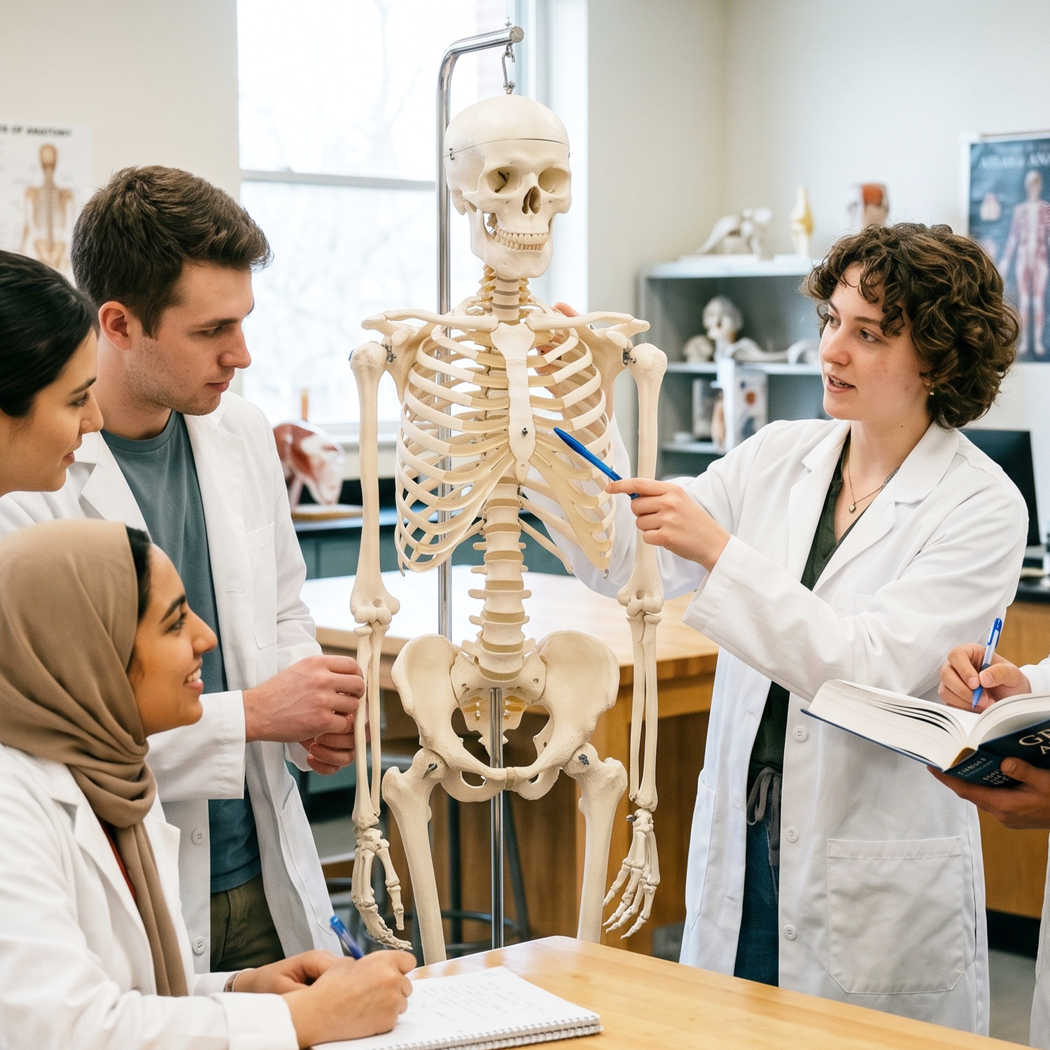 health science students are learning a human body with skeleton 