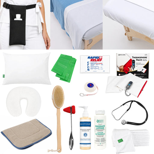 Sutherland-Chan School of Massage Therapy student kit with massage linens, face rest cover, towels, heating pad, resistance bands, gel compress, stethoscope, reflex hammer, dry brush, massage gel, lotion and therapist bottle holster.