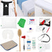 Sutherland-Chan School of Massage Therapy student kit with massage linens, face rest cover, towels, heating pad, resistance bands, gel compress, stethoscope, reflex hammer, dry brush, massage gel, lotion and therapist bottle holster.