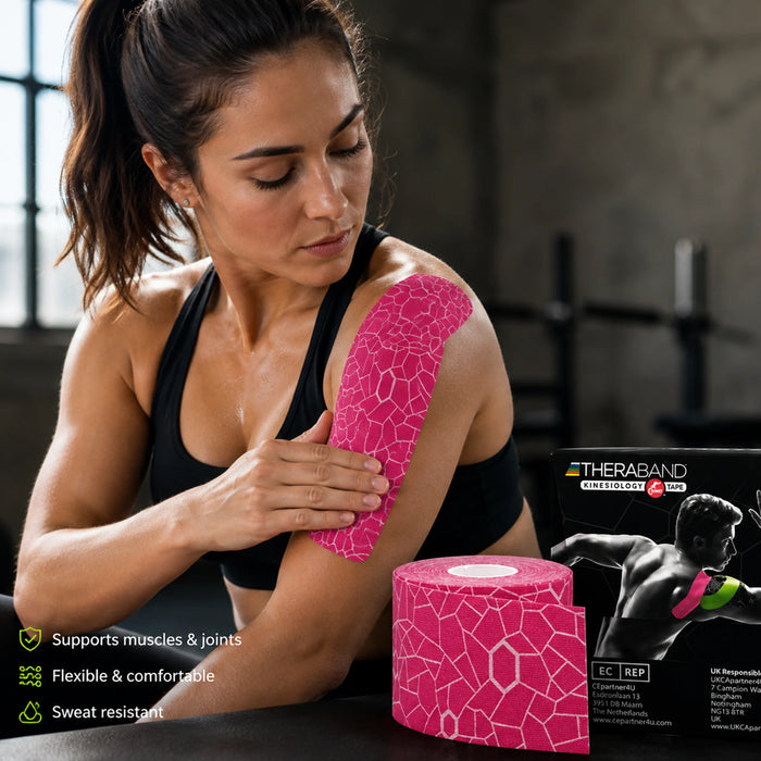 TheraBand Kinesiology Tape applied to shoulder and arm for muscle support during exercise and sports