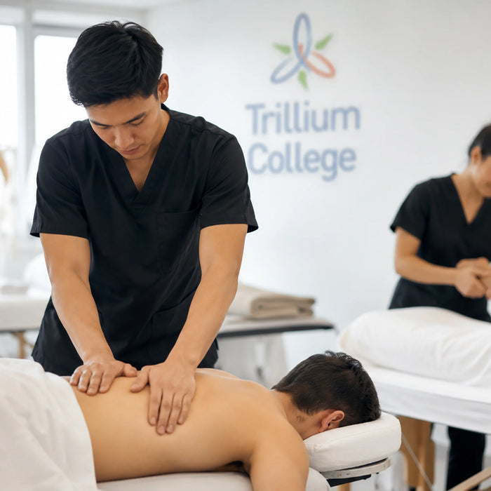 Trillium College massage therapy students practicing professional massage techniques on clients in a clinical training classroom.