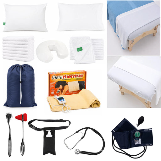 Trillium College Massage Therapy Student Kit with massage table linens, pillowcases, towels, face rest cover, heating pad, laundry bag, stethoscope, blood pressure cuff, reflex hammer, pinwheel and massage bottle holster.