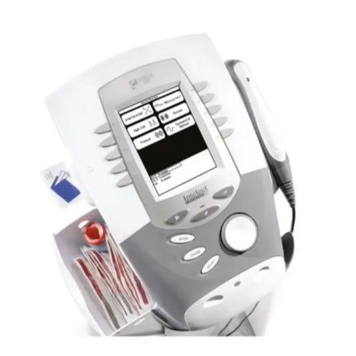 Medical device with screen and various components on a white background