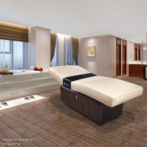 Massage table in a spa setting with a neutral color scheme