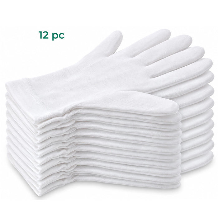 Stacked White Cotton moisturizing gloves 12 pieces on white background 