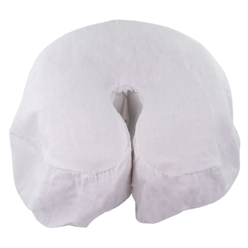 Flannel Face Rest Cover with Sewn-in Drape, White front view on crescent pad