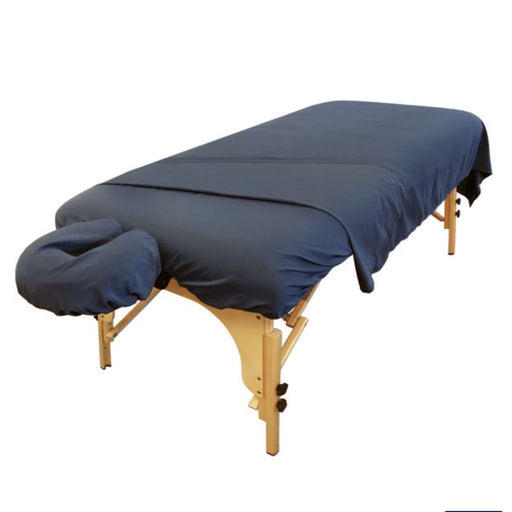 BodyBest Microfiber Sheets - 3pc Massage Table Sheets Steel Blue on table folded back flat sheet