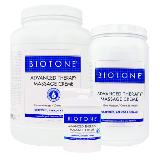 Biotone Advanced Therapy Massage Creme 3 available sizes 1 gl, 1/2 gl and 16 oz