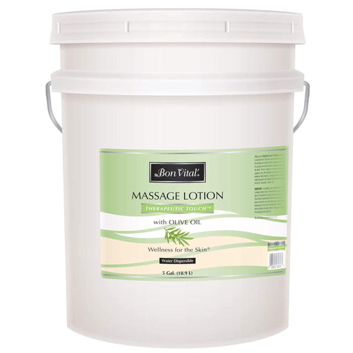 Five gallon container of Bon Vital Therapeutic Touch Massage Lotion on white background.