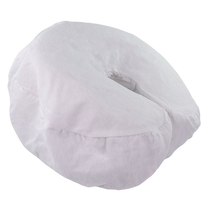 Flannel Face Rest Cover with Sewn-in Drape, White side view on crescent pad