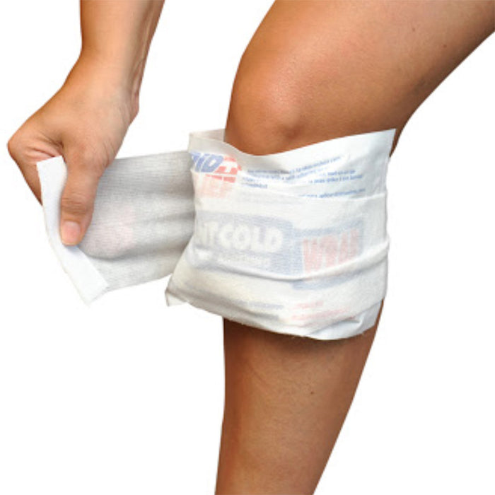 Self Adhering Instant Cold Wrap placing around knee