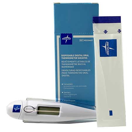 Thermometer Disposable Sheaths packaging and thermometer